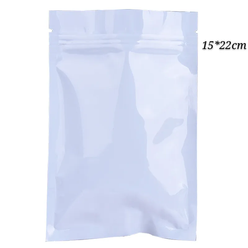 Błyszczący Biały Srebrny Folia Pakiet Torby Płaskie Dolne Resealable Zip Lock Mylar Bag Plastikowe Worzaki Plastikowe 15 * 22cm (5.90 * 8,66 cal)