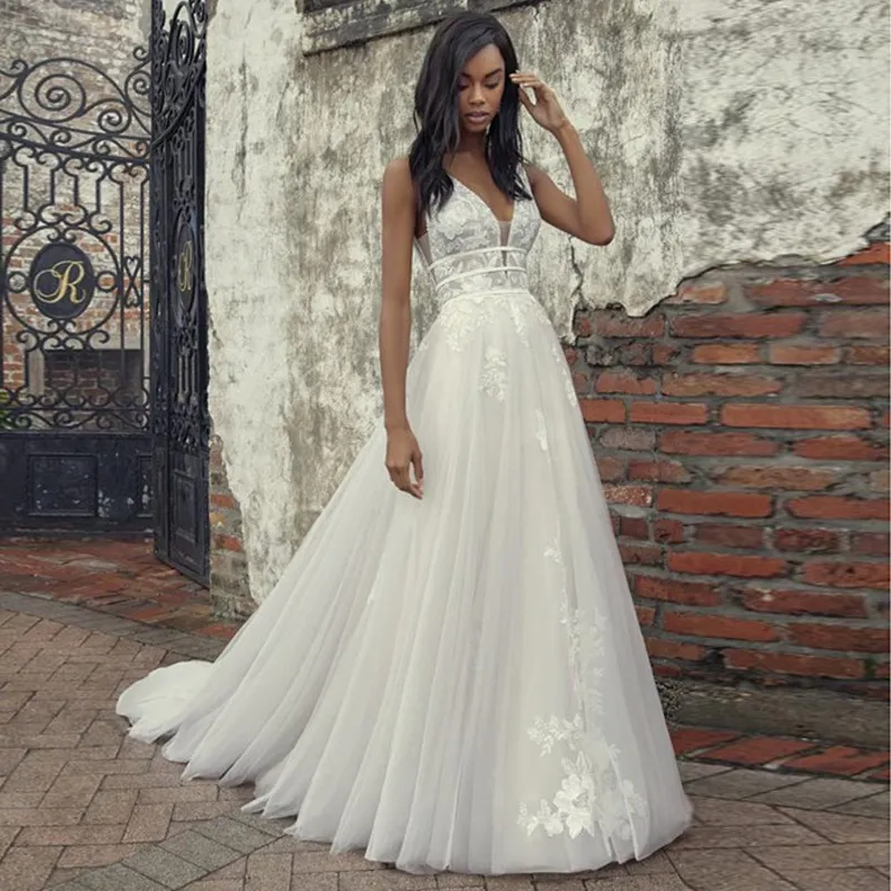 Bohemian Lace Beach Wedding Tulle Wedding dress with Deep V-Neck, Appliqued Detailing, and Sweep Train - A E Quality Tulle Bridal Gown