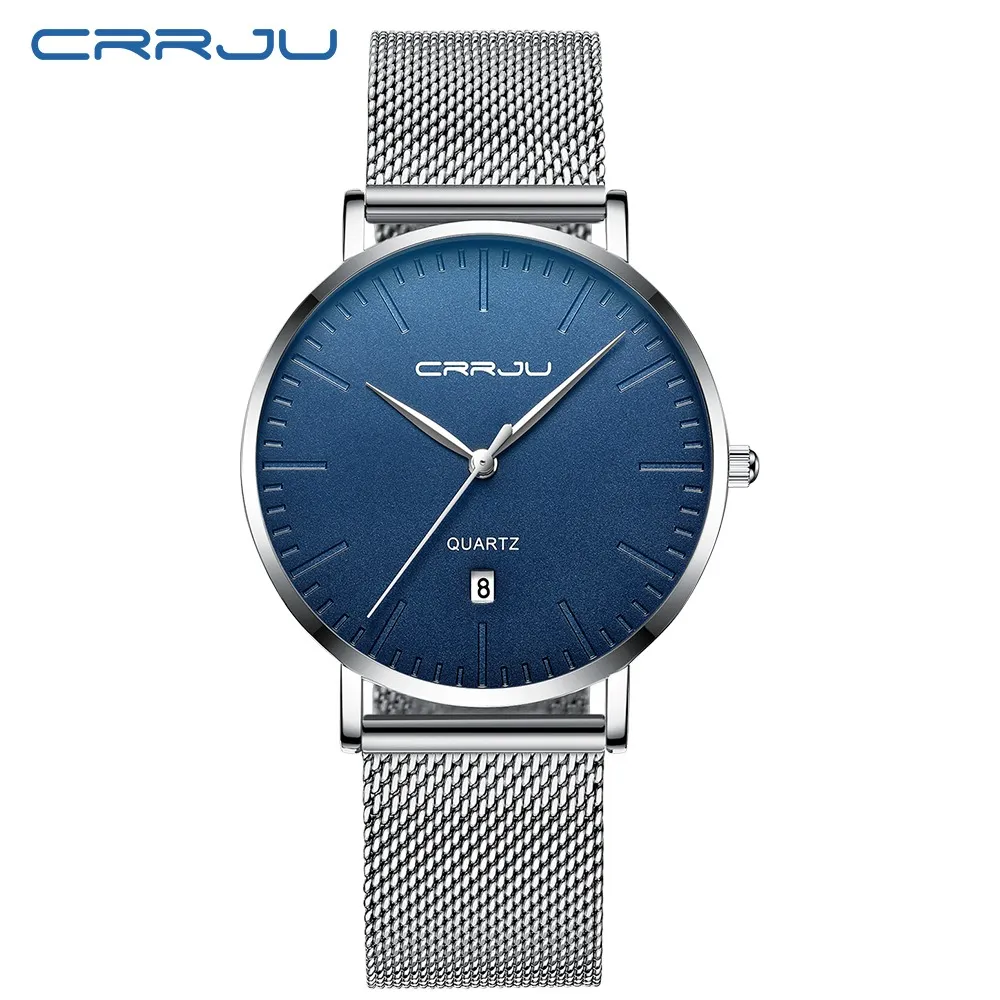 Crrju New Fashion Men's Ultra Thin Quartz Watches Men Luxury Brand Business Clockステンレススチールメッシュバンド防水時計293K