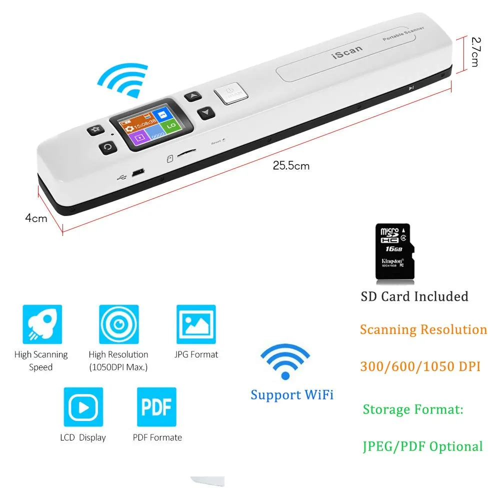Portable Handheld Wifi Scanner, 300/600/1050 Dpi Document Image