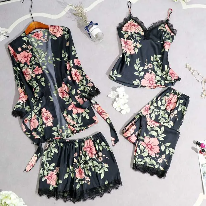 4 Piece Women Floral Sleepwear Set Spring Summer Thin Sleeping Robe+Top+Short+Pant Dot Flower Lace Sexy Pajamas Sets Homewear