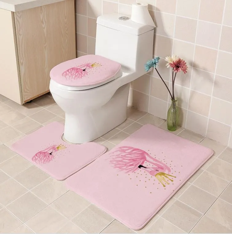 Eenvoudige stijl cartoon dier flanel toilet driedelig set flamingo paar woondecoratie mat antislip pad fabriek levering gratis geschenk gebreid