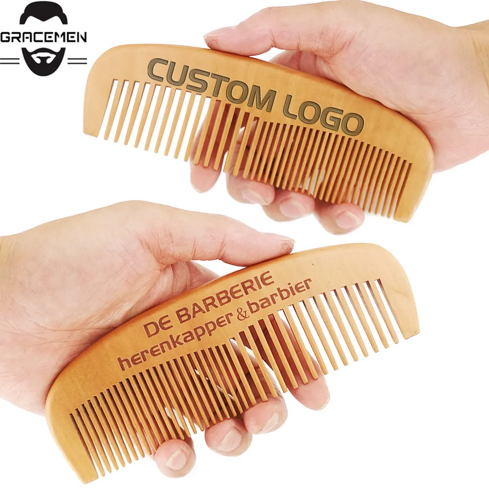 MOQ 50pcs Custom LOGO Fine & Coarse Tooth Wood Comb for Hair Beard Wooden Combs Barber Shop Beauty Salon Man Women