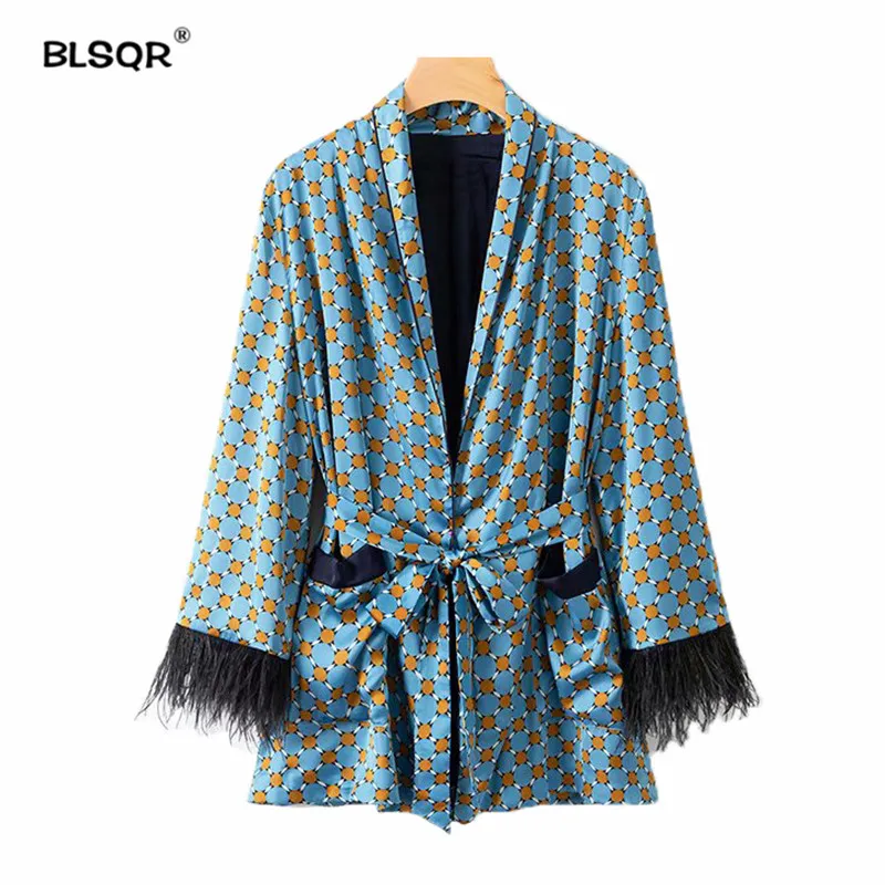 Women Vintage Print Loose Kimono Coat Bow Tie Sashes Pockets Tassel Decorate Outerwear Oversized 2018 Autumn Tops