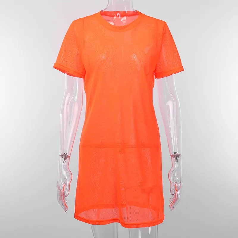 Casual Fishnet Mesh Sheer Neon Dresses Summer Beach Cover Up T shirt Mini Dress for Women
