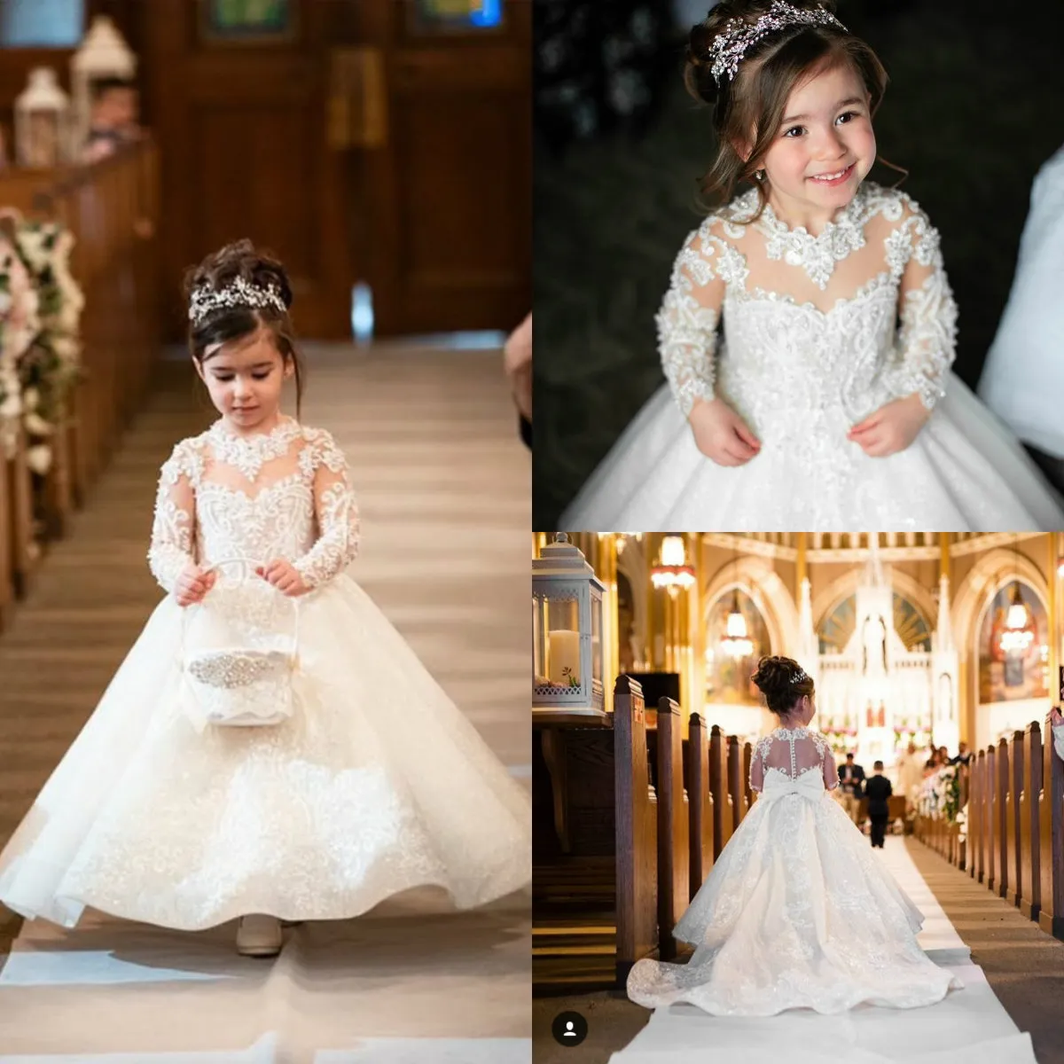 Lovely Long Sleeve Flower Girl Dresses Lace Appliques Sequined Jewel Neck Sweep Train First Communion Dress with Beads Girls Pageant Gowns