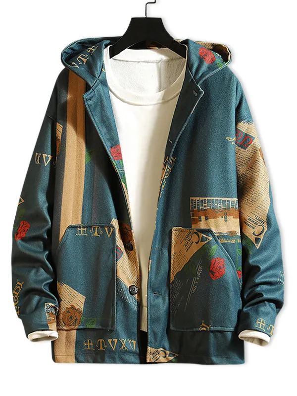 Zaful tidning Flower Letter Graphic Print Hooded Jacka Bomullsmän Vintage Print Button Pocket Coat Daily Outdoor Jackets