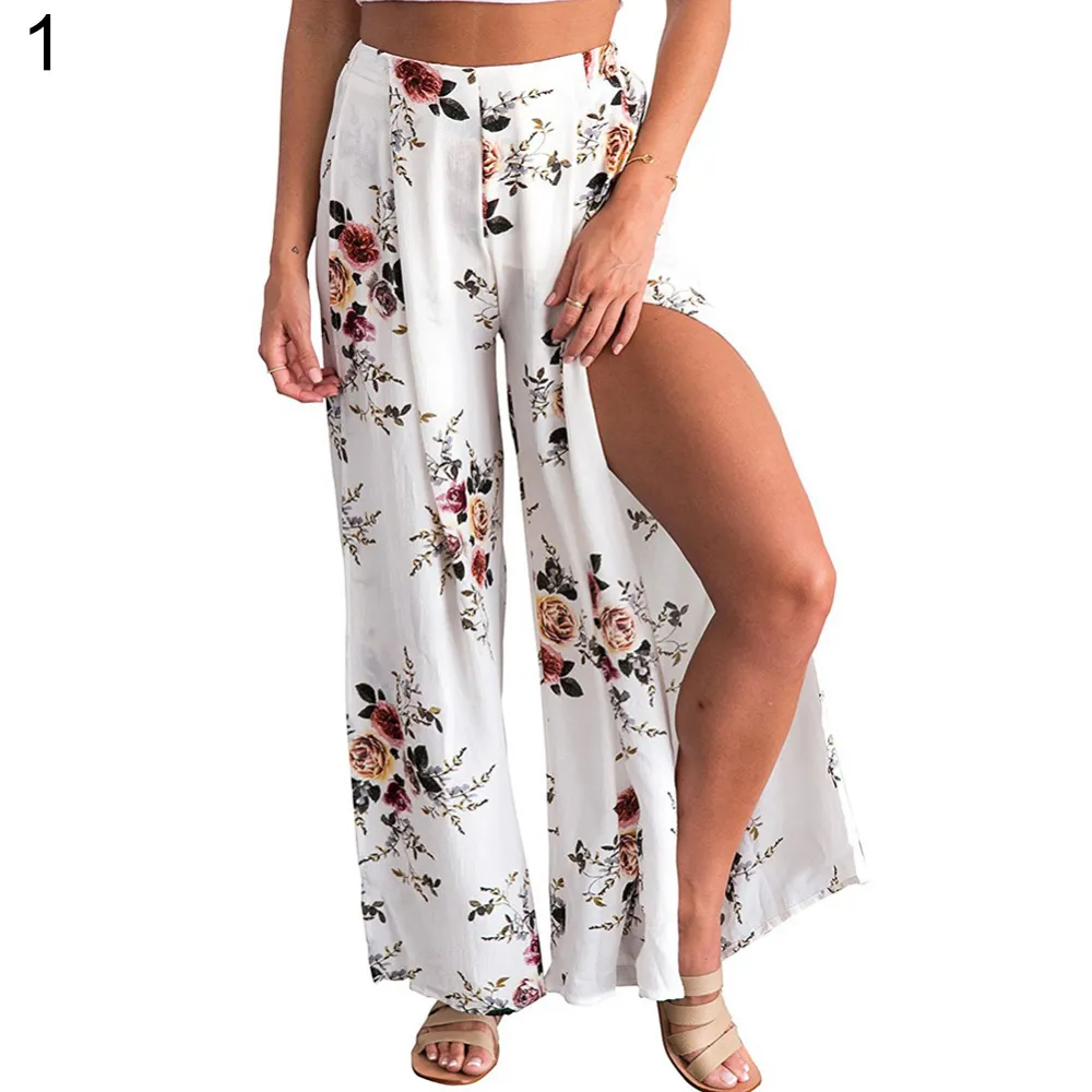 Sommar kvinnlig elegant strand culottes palazzo maxi kjol hög midja blommig utskrift brett ben lösa byxor dela byxor nya