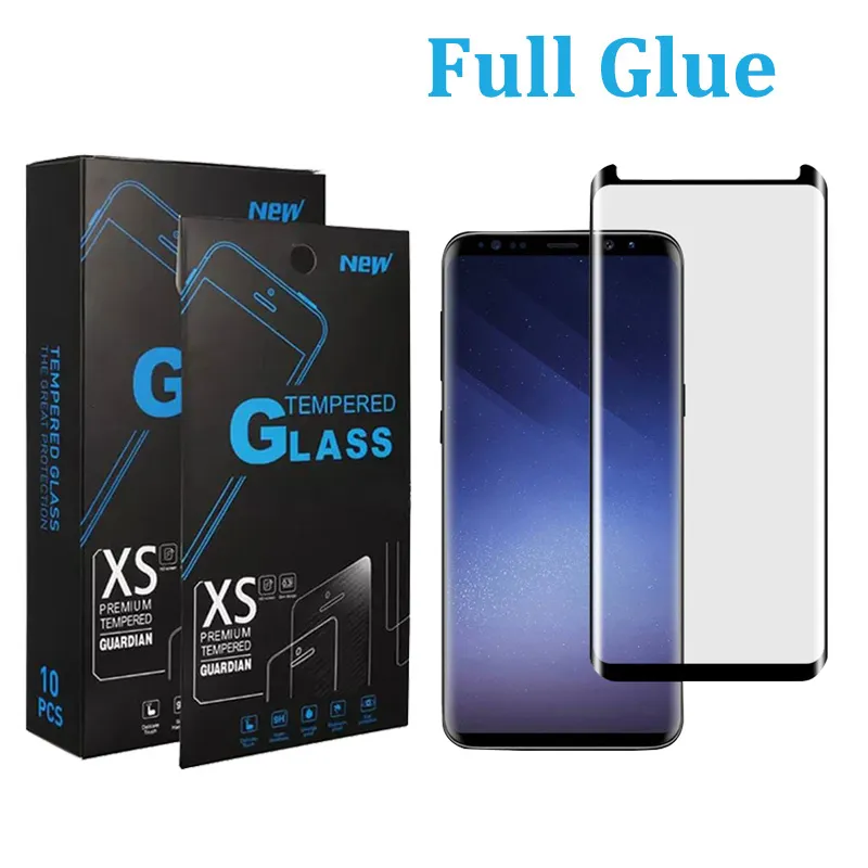 Full Lim 5D Temperat glas Curved Edge Skärmskydd för Samsung S21 Plus S20 S10 S9 S8 Galax Not 10 9 8 Not 20 Ultra