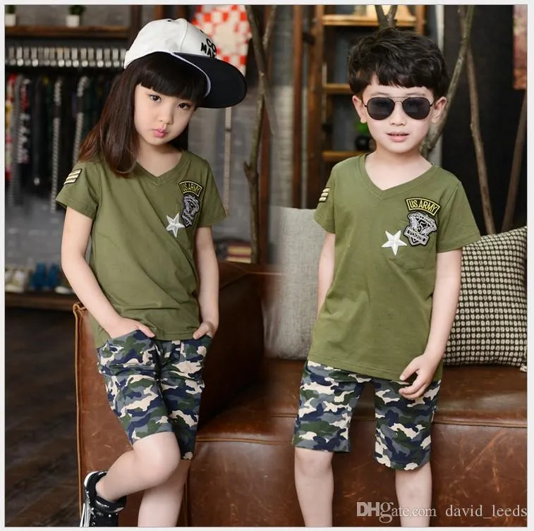 Einzelhandel Sommer Große Jungen Mädchen Camouflage Kleidung Sets Kinder Kurzarm T-shirt + Shorts 2 stücke Set Kinder Camouflage Anzug sommer Camp Outfits