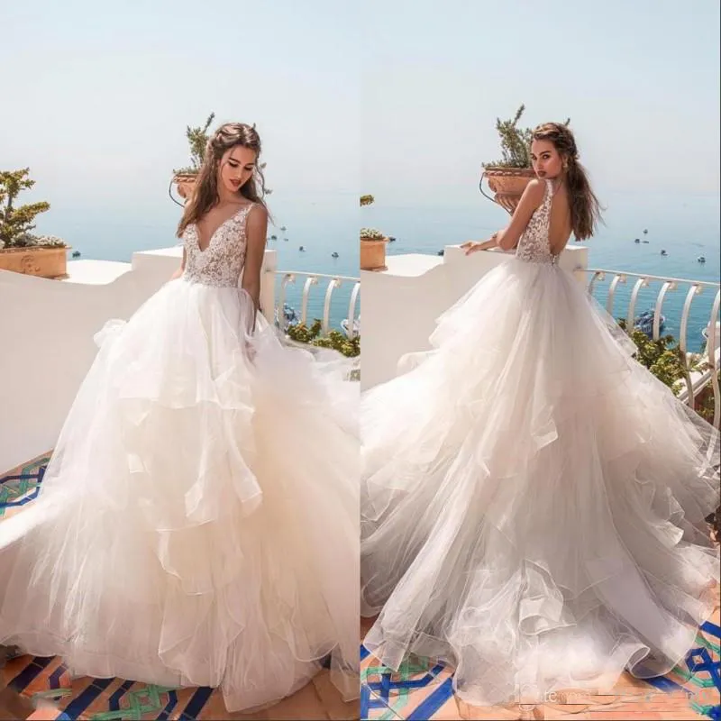 2019 Modest V Neck Backless Vestidos De Noiva Lace Applique Até O Chão Cansado Tulle Custom Made Praia Vestidos de Noiva