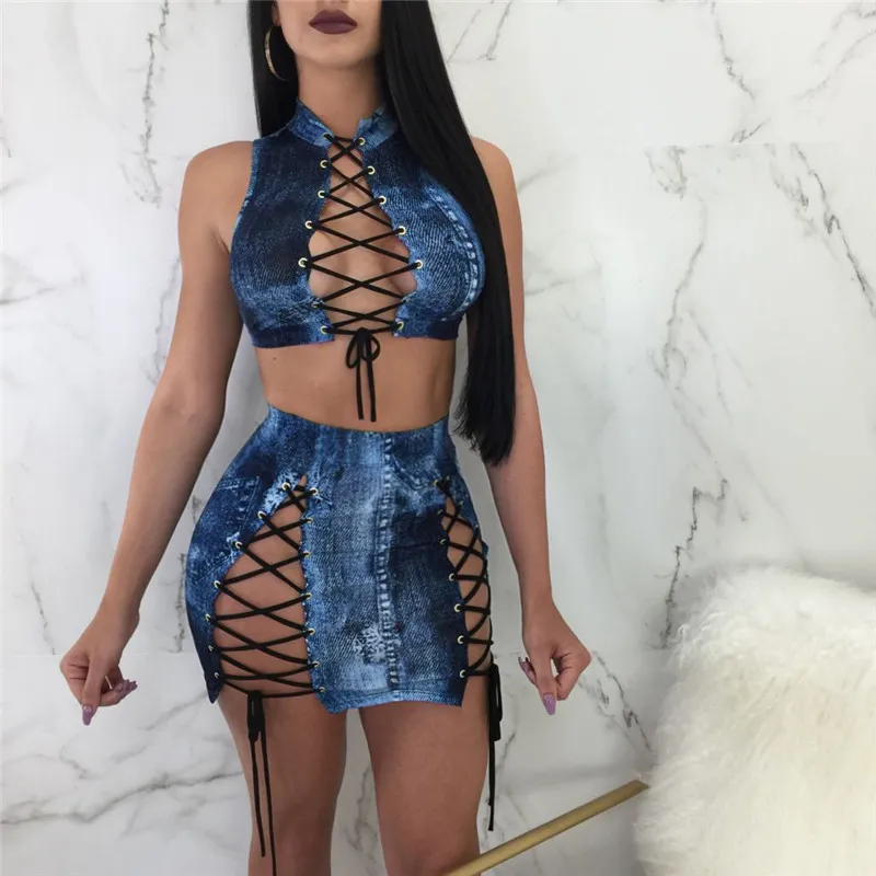 Two Piece Dress Sexy Lace Up Sets Women Bodycon Dresses Summer Sleeveless Hollow Out Jeans Crop Top And Skirt Set Party Club Outfit