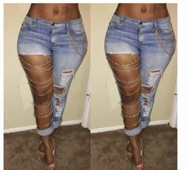 DHgate.com:Womens Jeans with Elastic Waist - Distressed Denim Pencil Pants  with Ripped Holes, High Waist Ankle Length Trousers - Casual Cotton Blend  Skinny Jeans:Apparel