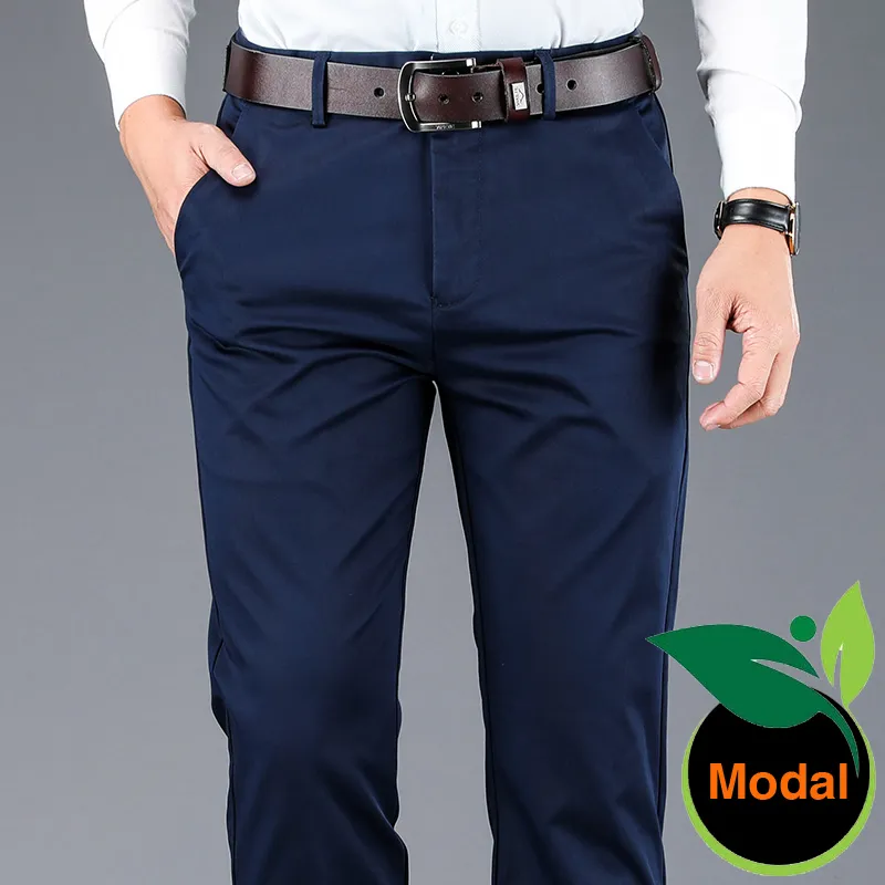 Men's Pants 4 Color Business Thin Casual Modal Fabric Straight High Quality Trousers Male Brand Navy Light Grey Khaki Black