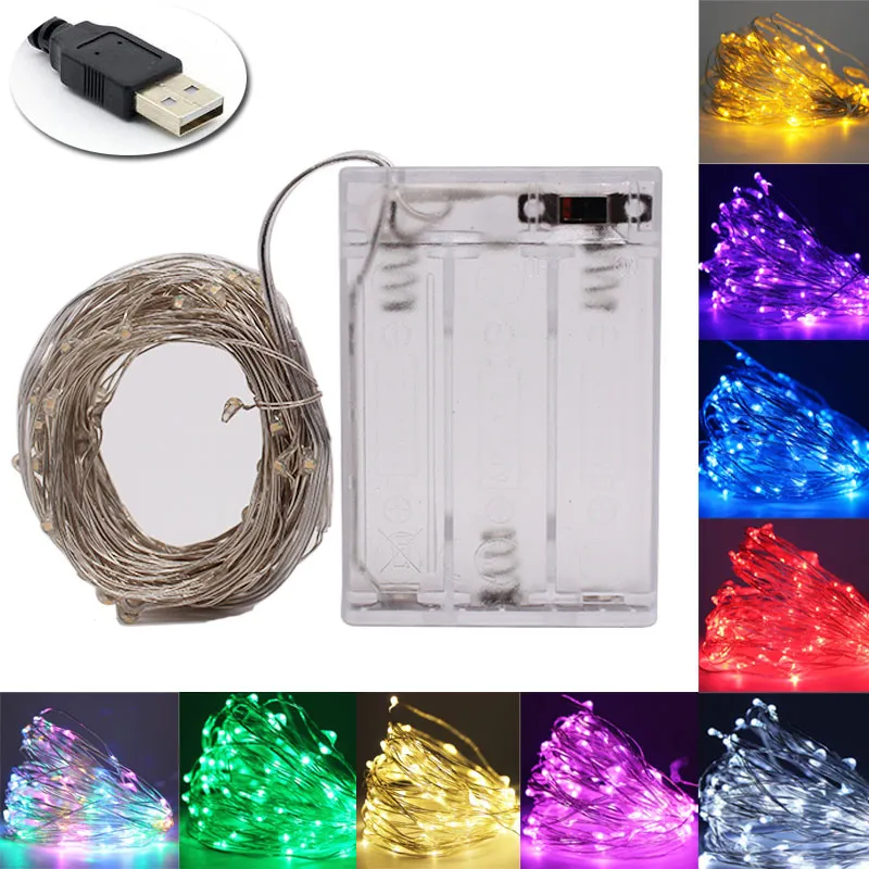 Lichterkette mit USB-Batterie, wasserdicht, 2 m, 5 m, 10 m, 20 100 LEDs, silberfarbene Linie, Glühwürmchen-Feiertagslichtstreifen