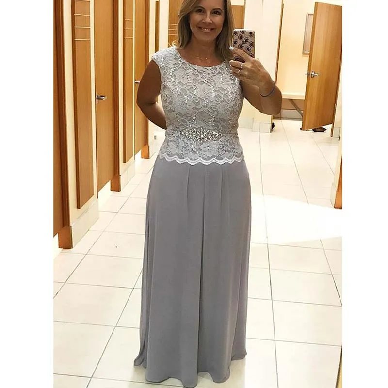 Zarif Artı boyutu anne Gelin Elbiseler Gümüş gri boncuk dantel A-Line Şifon Uzun Zarif Abiye Düğün Için 2019