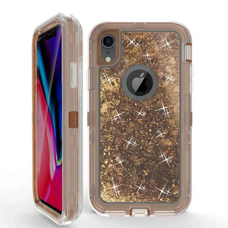 Liquid Glitter Case för iPhone XS Max XR X 8 7 6 Plus Quicksand Defender Cover för Samsung Galaxy S9 + S8 Plus S7 Edge Not 9 J3 J7 2018