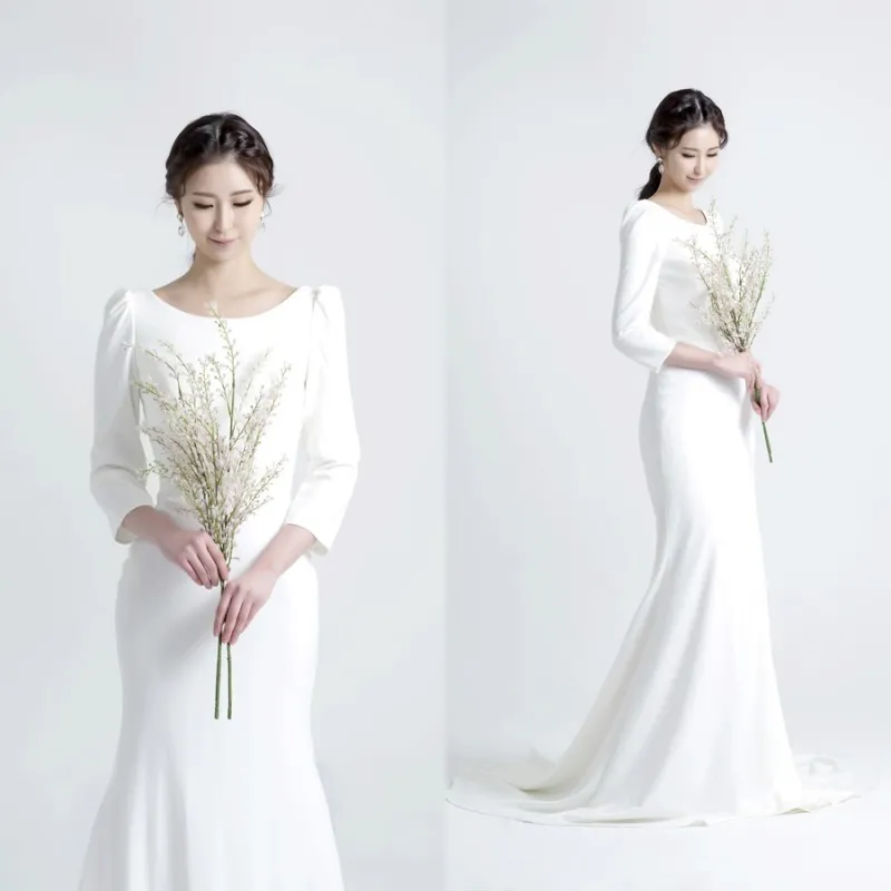 Spring 2020 New Korean Wedding Dress Simple Boat Neck Puffy Sleeves Mermaid Sweep Train Simple Elegant Bridal Gowns