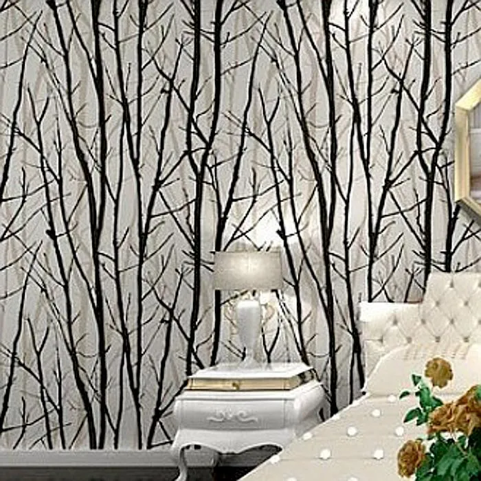 Black White Birch Tree rolo Ramos Embossed Wallpaper Quarto Dine, corredor, sala de banho Papel Mural Art Deco Wallcovering 10M