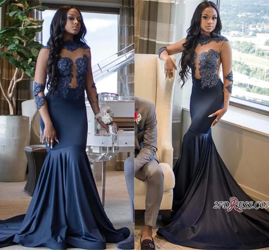 Navy Blue Illusion Bodices Mermaid Prom Klänningar High Neck Sheer Långärmad Snöre Appliqued Satin Formell Party Evening Gowns Afrikanska