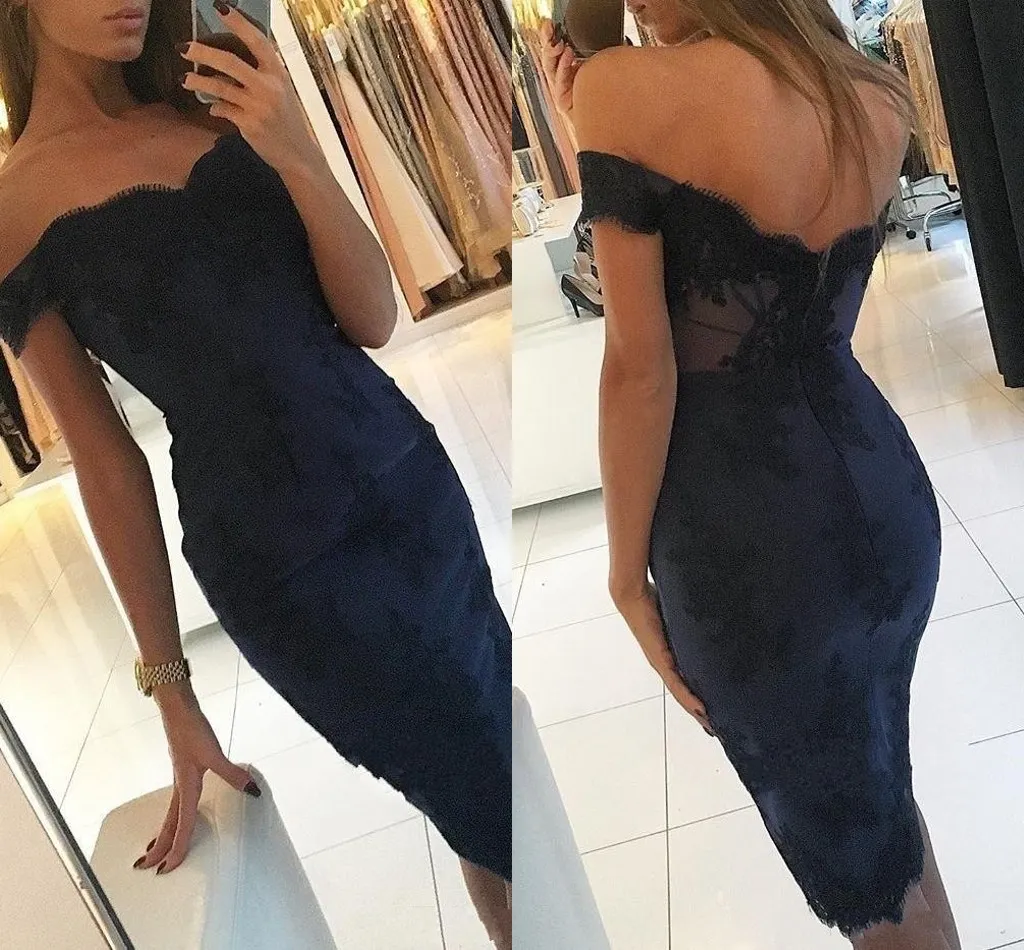 Sexy Short Cocktail Dresses Navy Blue Black Lace Appliques Off Shoulder Satin Knee Length Summer Party Gowns Sheath Homecoming Prom Dress