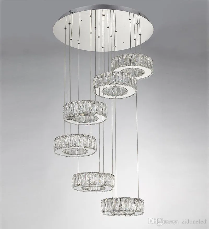 Moderne, zeitgenössische LED-Kristall-Pendelleuchten, Helix-Kronleuchter, Beleuchtung mit 6 kreisförmigen Kristallen (D23,6"*H71") für das Wohnzimmer