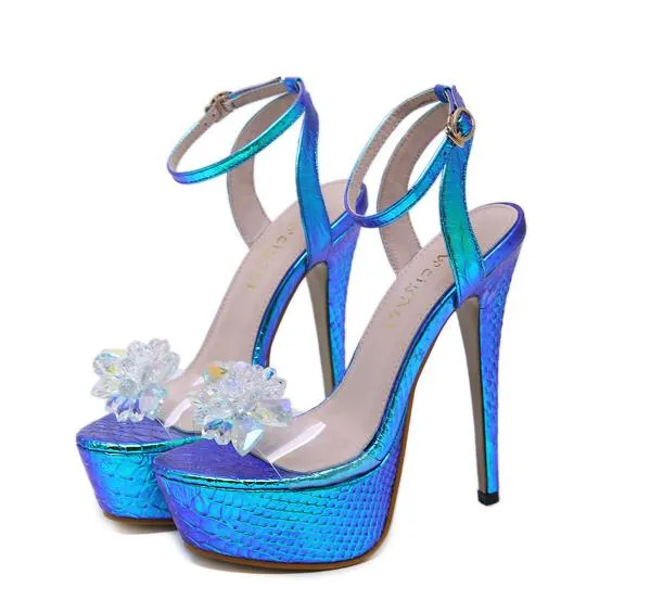 الكريستال رائع مطرز زهرة أحذية زفاف العروس مصمم الكعب العالي 15cm و16CM السيدات حفلة موسيقية اللباس والأحذية وردي اللون الأزرق حجم 35-40 التداول