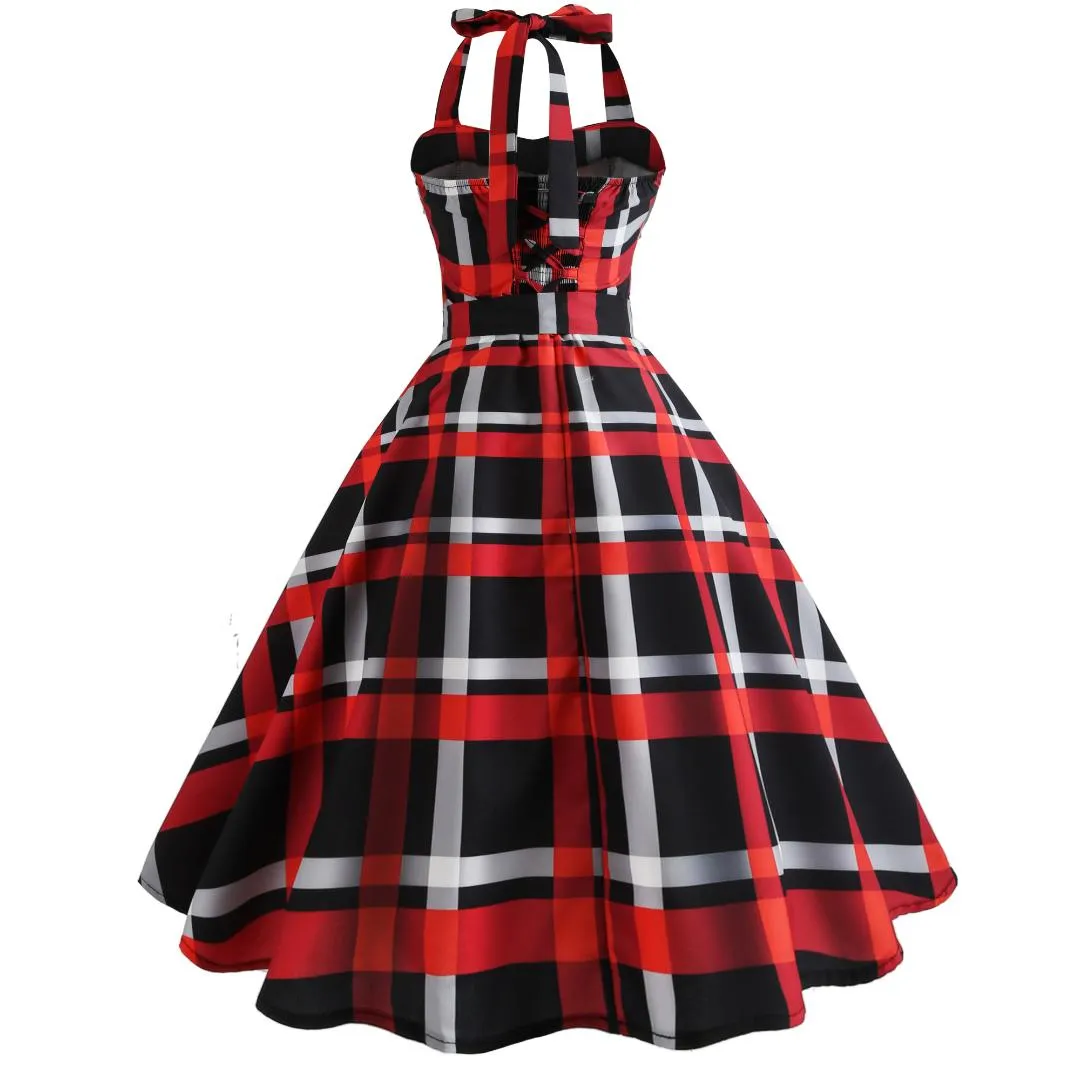 Spaghetti riem mode rode en zwarte plaid party midi jurken voor vrouwen elegante vintage retro rockabilly casual jurk