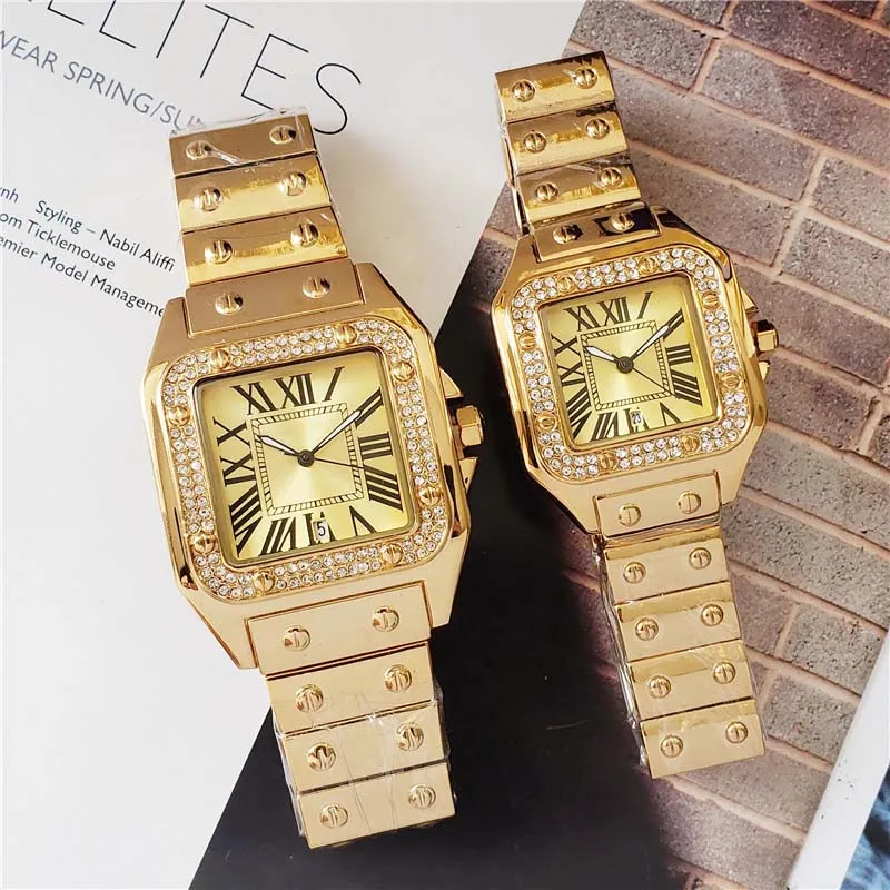 40mm 33mm Paar Mannen Vrouwen Diamanten Horloge Zilver Goud Rose Gouden Band Romeinse Num Shinning Case Datum quartz Watch228p