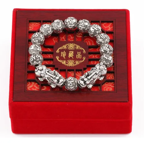 Antique Silver Plated Feng Shui Pixiu Charm Six Word Mantra Beads Bracelet Mascot Amulet Jewelry for Men202r