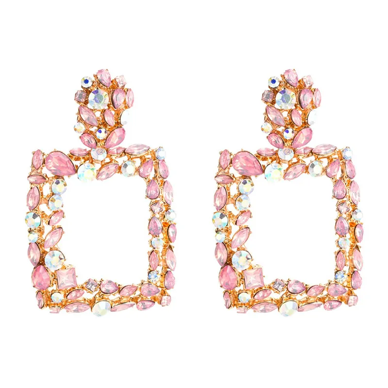 Pink statement earrings for women large square crystal big earrings 2019 rhinestone drop earing  geometric fashion jewelry