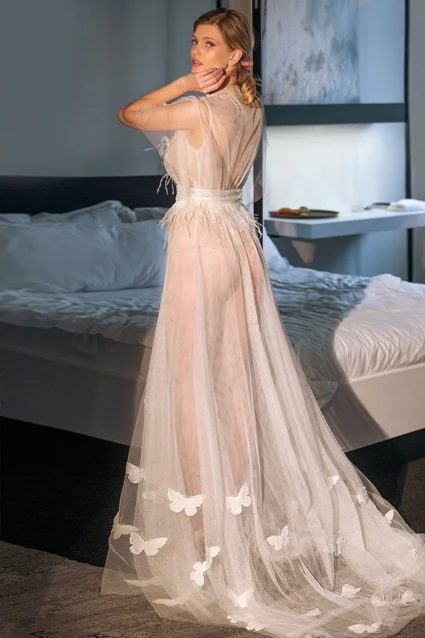 sheer white dressing gown Sheer Bridal Feathers Robe