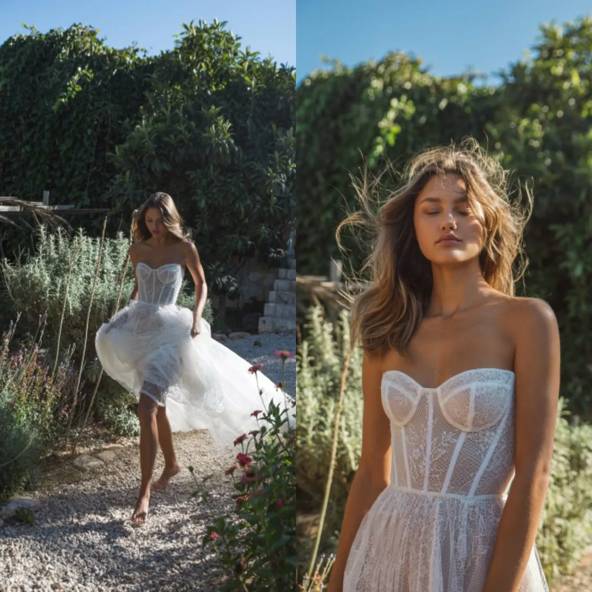 Elihav Sasson A Line Beach Wedding Dresses Strapless Appliques Lace Wedding Dresses Sweep Train Boho Bridal Gowns