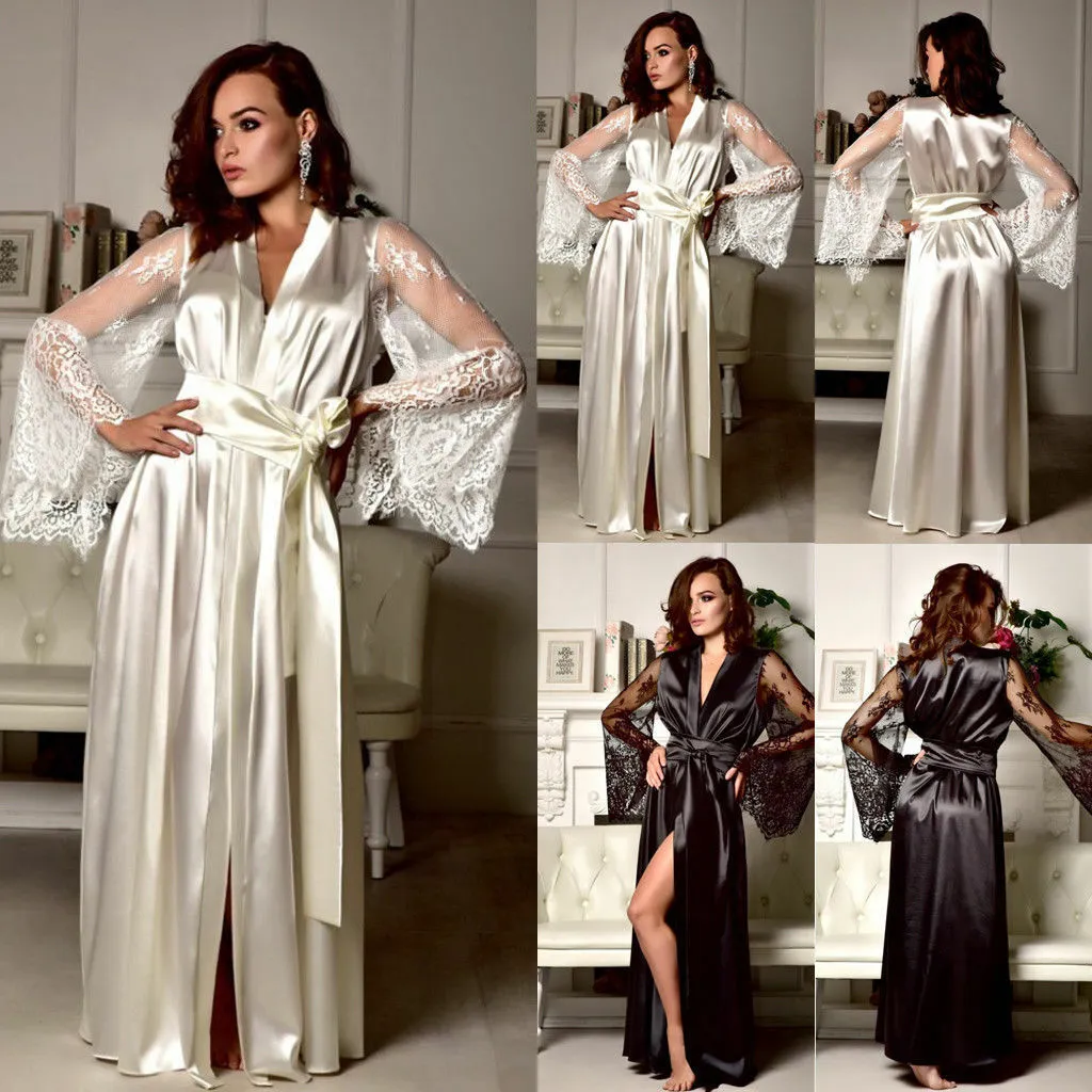Sexig Silk Bröllop Robes Kappa för Kvinnor Lace Appliques Anpassad Långärmad Underkläder Bridal Sleepwear Nightgown Badrockar