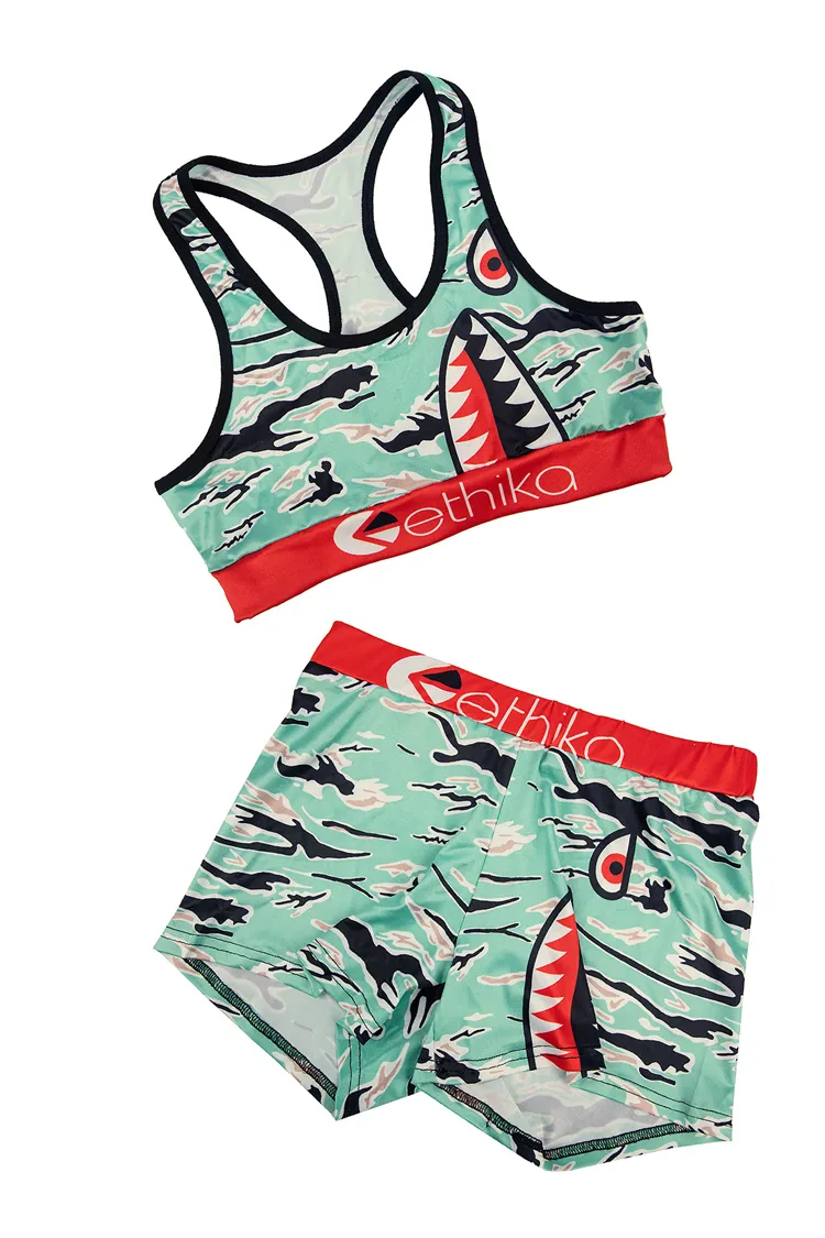 Free shipping size S-2XL Women Ethika underwear Swimwear Bra +Shorts 2  Piece Tracksuit Shark Camo flower Swimsuit Bikini set