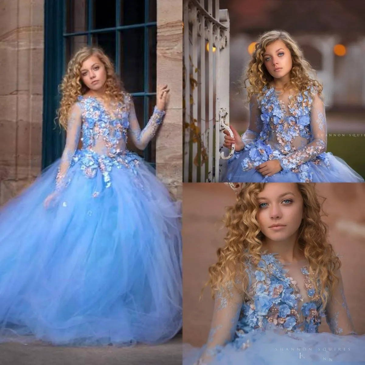 Nouvelles robes de filles Blue Princess Flowers pour le mariage Appliques à manches longues Perles de lace