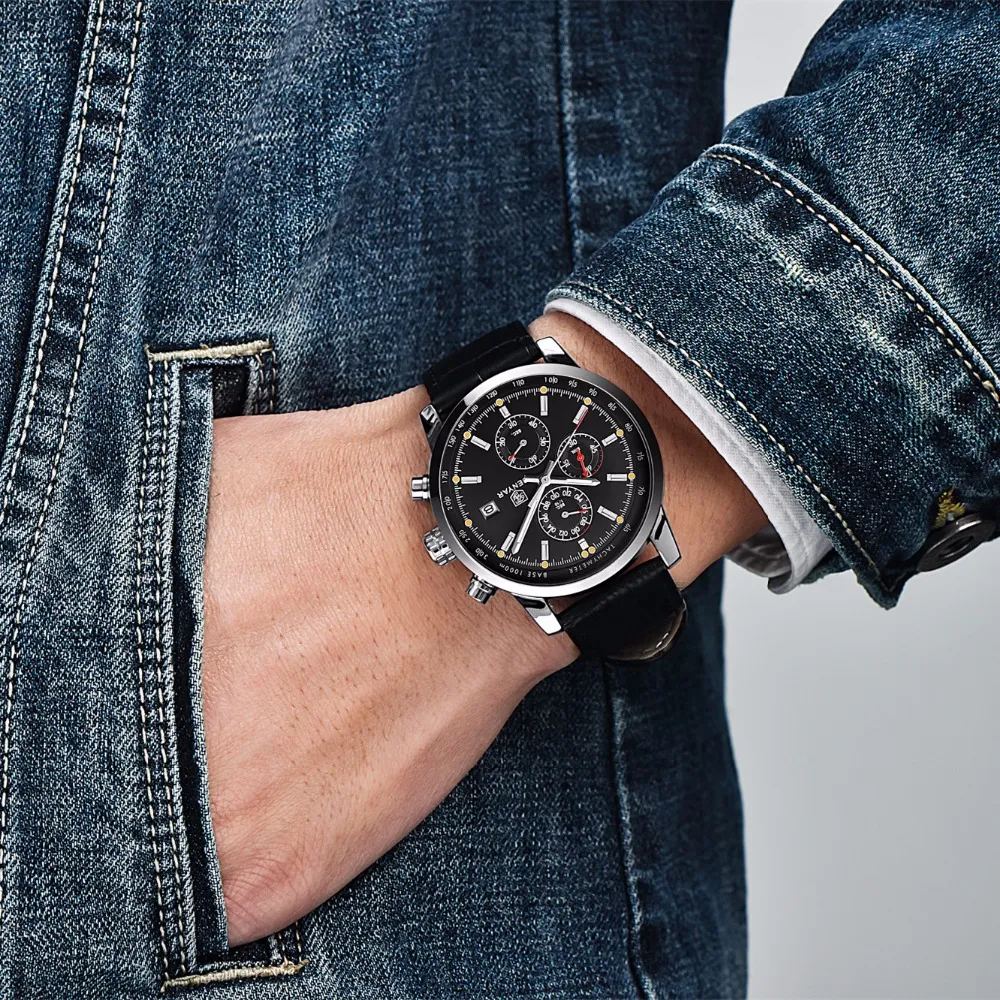 Benyar New Fashion Chronograph本物の革のスポーツメンズウォッチトップブランド豪華なミリタリークォーツウォッチクロックRelogioMasculino191d