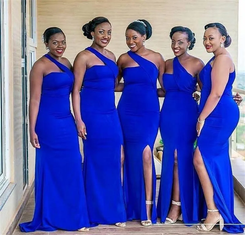 Royal Blue Plus Size Mermaid Bridesmaid One Shoulder Pleated Satin Side Split Sweep Train Maid Of Honor Wedding Guest Dresses