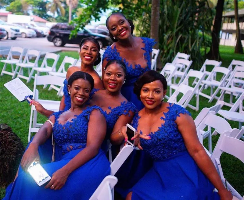 Novo Sexy Royal Blue Bridesmaid para casamentos Apliques de renda de chiffon pura dividir uma dama de honra do chão da linha 403