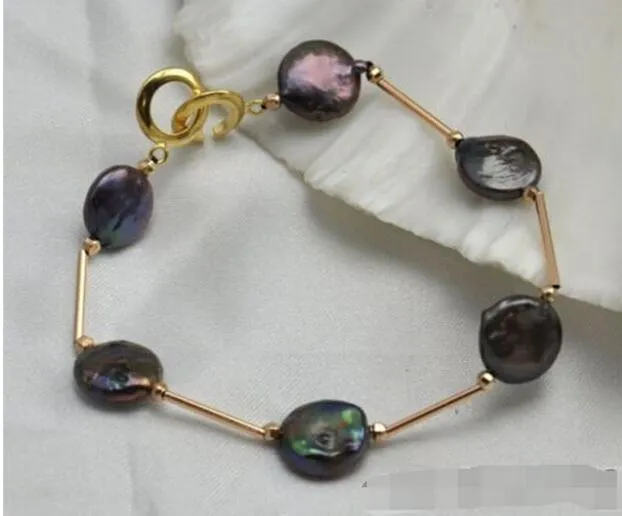 SPEDIZIONE GRATUITA ++ Attraente braccialetto di perle d'acqua dolce nere da 8,5 monete