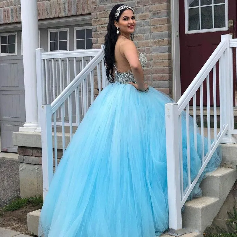 Sky Blue Ball Gown Princess Quinceanera Jewel Neck Crystal Beaded Tulle  Puffy Sleeveless Plus Size Party Prom Dress from Dhgate Quinceanera Dresses  - price 336.08