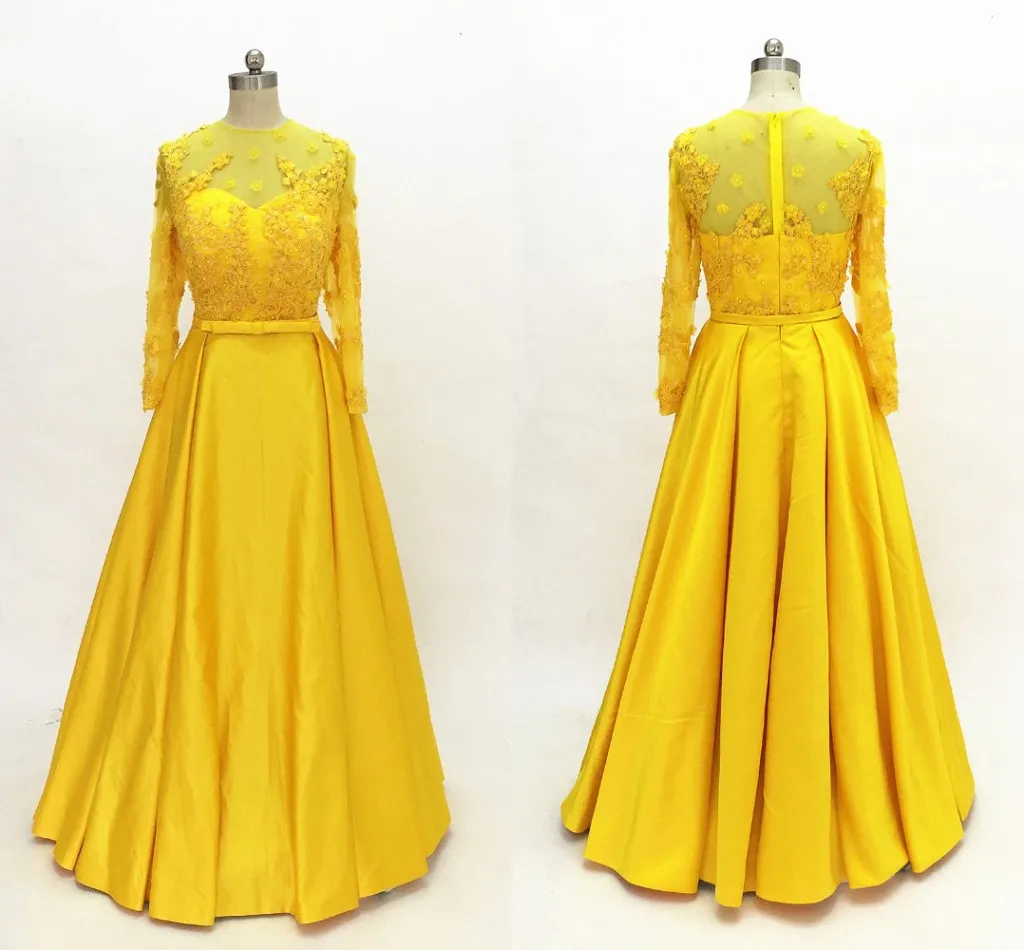 Yellow Hand Made Flowers Pearls Evening Formal Dresses Long Sleeves Applique Lace Ribbon With Bow A-line Empire Waist Prom Dress Mom Dress