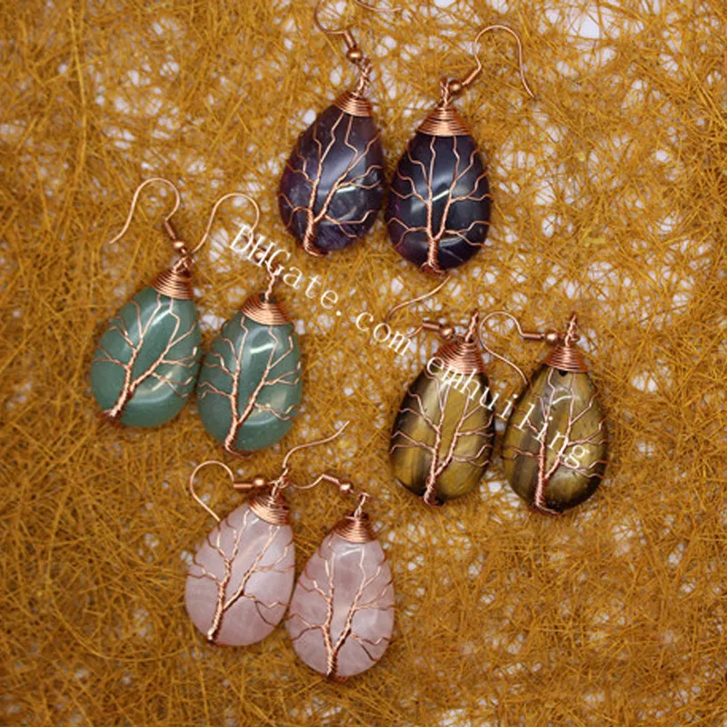 10Pairs Women's Stone Tree of Life Green Aventurine Jade Dangle Earrings, Rose Gold Wire Wrapped Teardrop Healing Crystal Jewelry for Ladies