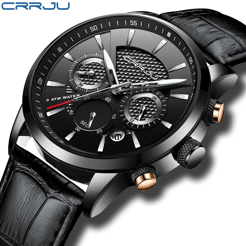새로운 시계 남자 고급 Crrju 브랜드 크로노 그래프 남성 스포츠 시계 가죽 스트랩 쿼츠 손목 시계 repatio masculin