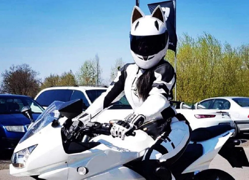 Casco de motocicleta de nitrinos Cara completa con orejas de gato negro blanco rosa amarillo