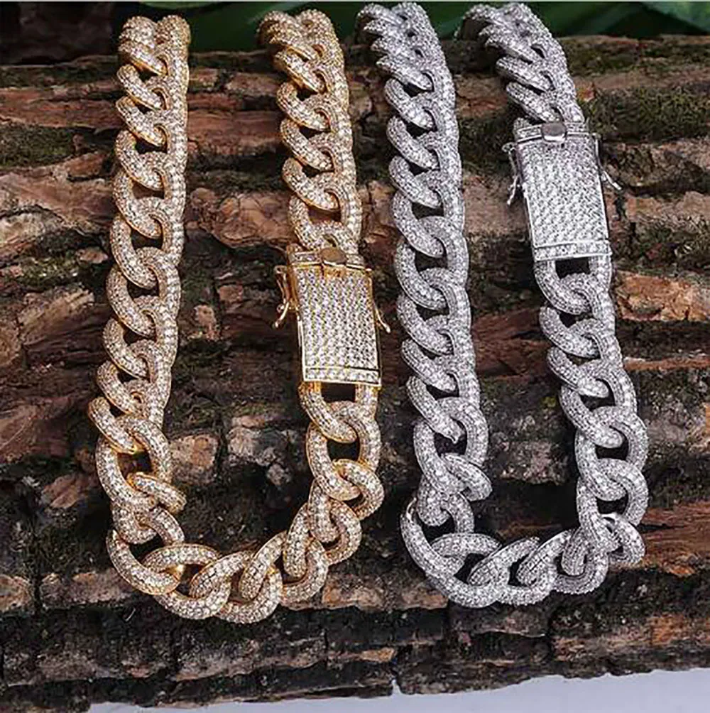 15 мм Новый 14K Золотой Злодовый Cuban Cuban Link Цепочка с Diamond Lock CLASP Микро Прогнозные Кубические Циркония Симулированные бриллианты Цепи Ожерелье