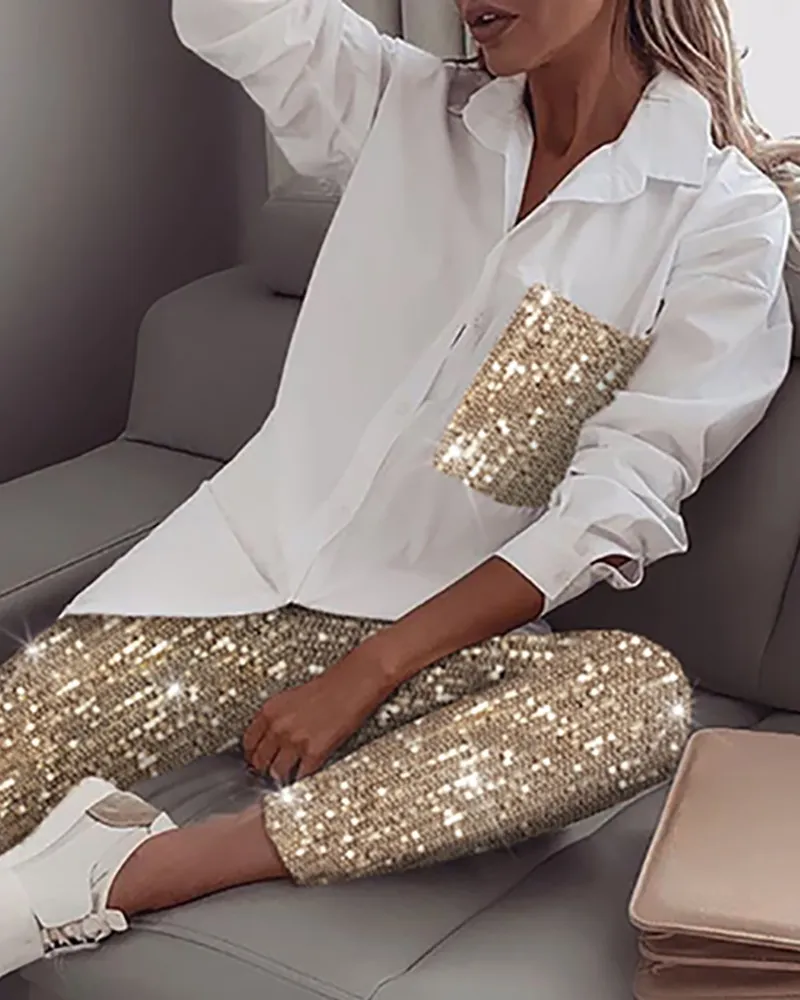 Kvinnor Sequin Långärmad skjorta Glitter Shiny Pant Sets Casual Kvinnors Två Piece Sets Tracksuit White T-Shirt Suits
