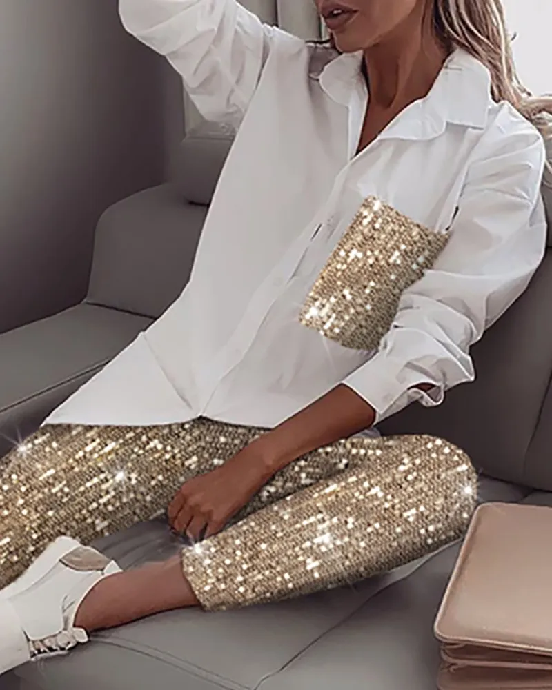 Women Sequin Long Sleeve Shirt & Glitter Shiny Pant Sets Casual Women's Two Piece Sets tracksuit white T-shirt suits