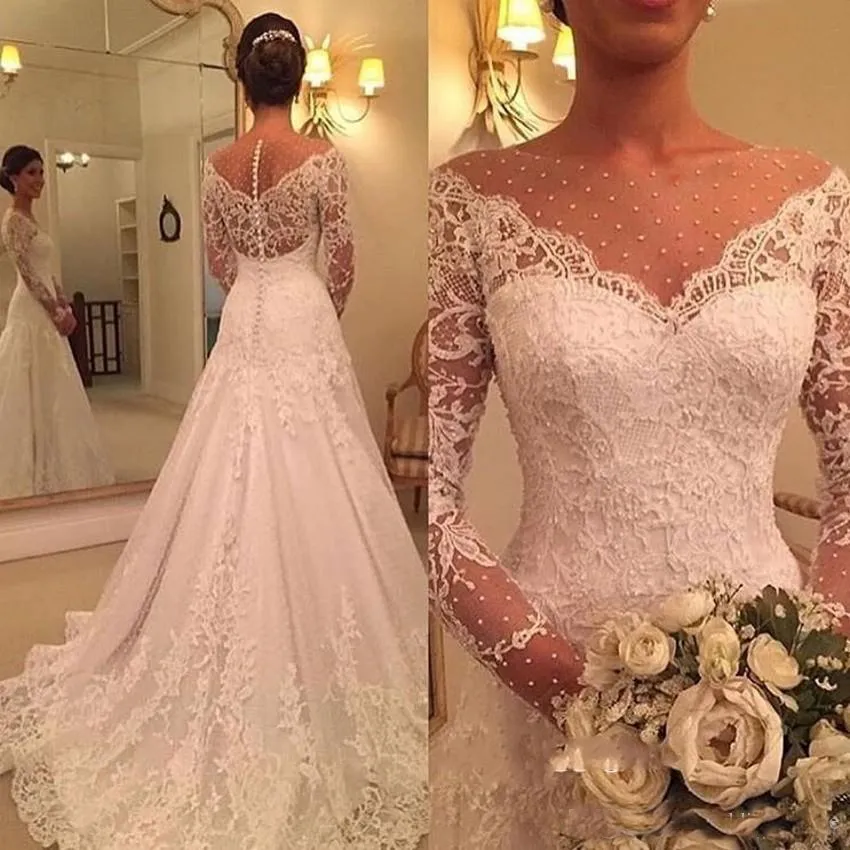 Save Big on Bulk Long Sleeved Lace Wedding Gowns Long Sleeve Lace Wedding  Gown: Sheer Neck Bridal Dress Elegant Scoop Neck Design Best Deals on