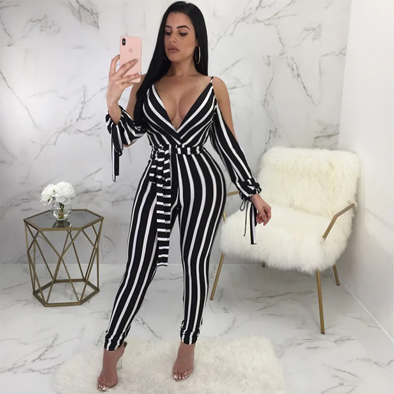 Elegant randig sexig spaghetti -rem Rompers Womens Deep V Neck Jumpsuit långärmad rygglös båge Casual Slim Jumpsuits Overalls